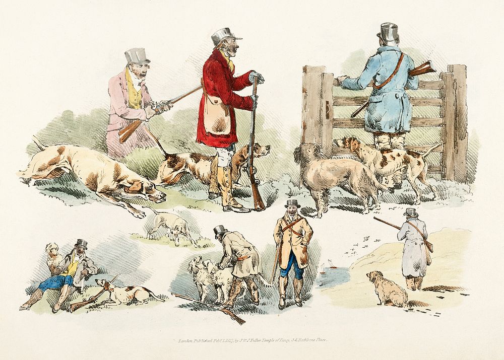 Illustration of hunters with their dogs from Sporting Sketches (1817-1818) by Henry Alken (1784-1851). Original from The New…
