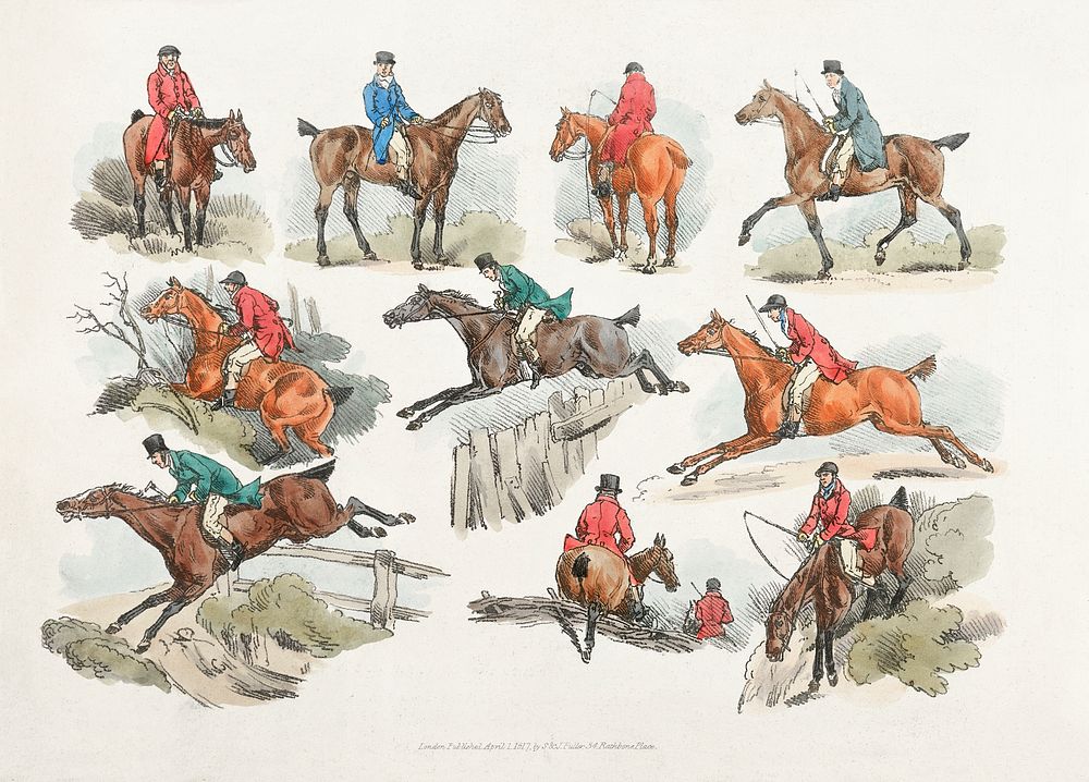 Illustration of mounted sportsmen from Sporting Sketches (1817-1818) by Henry Alken (1784-1851). Original from The New York…