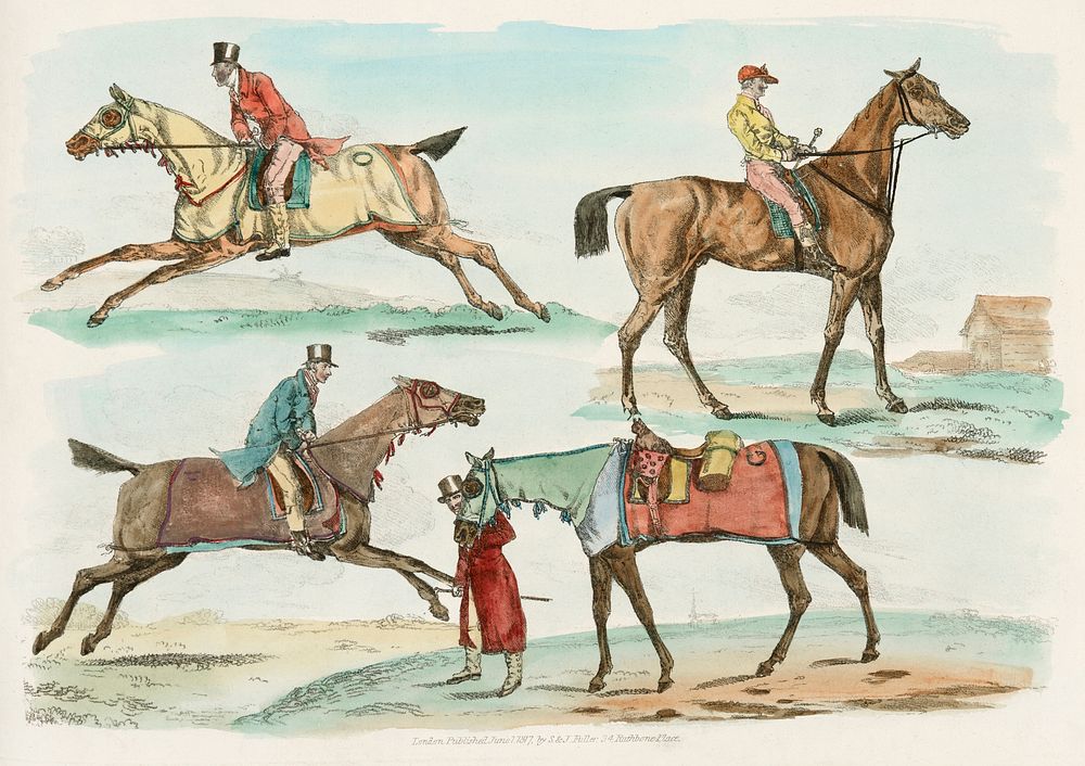 Illustration of hunters training their horses from Sporting Sketches (1817-1818) by Henry Alken (1784-1851). Original from…