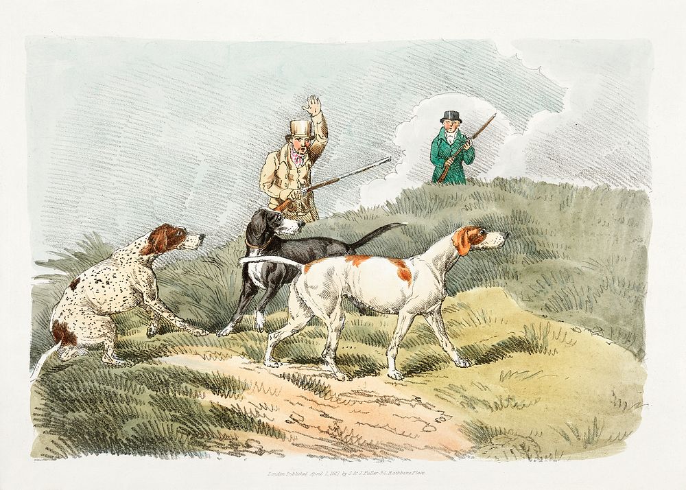 Illustration of hunting scene (dogs ready to hounddown) from Sporting Sketches (1817-1818) by Henry Alken (1784-1851).…