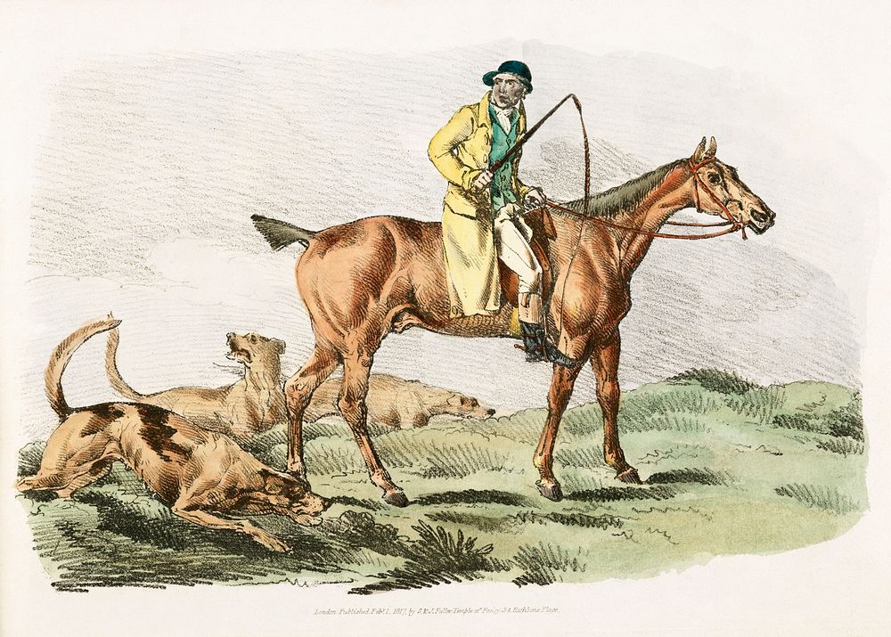 Illustration of mounted hunter with three hounds running behind from Sporting Sketches (1817-1818) by Henry Alken (1784…