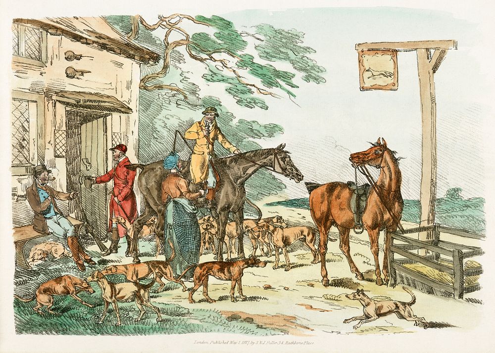 Illustration of hunters before hunting from Sporting Sketches (1817-1818) by Henry Alken (1784-1851). Original from The New…