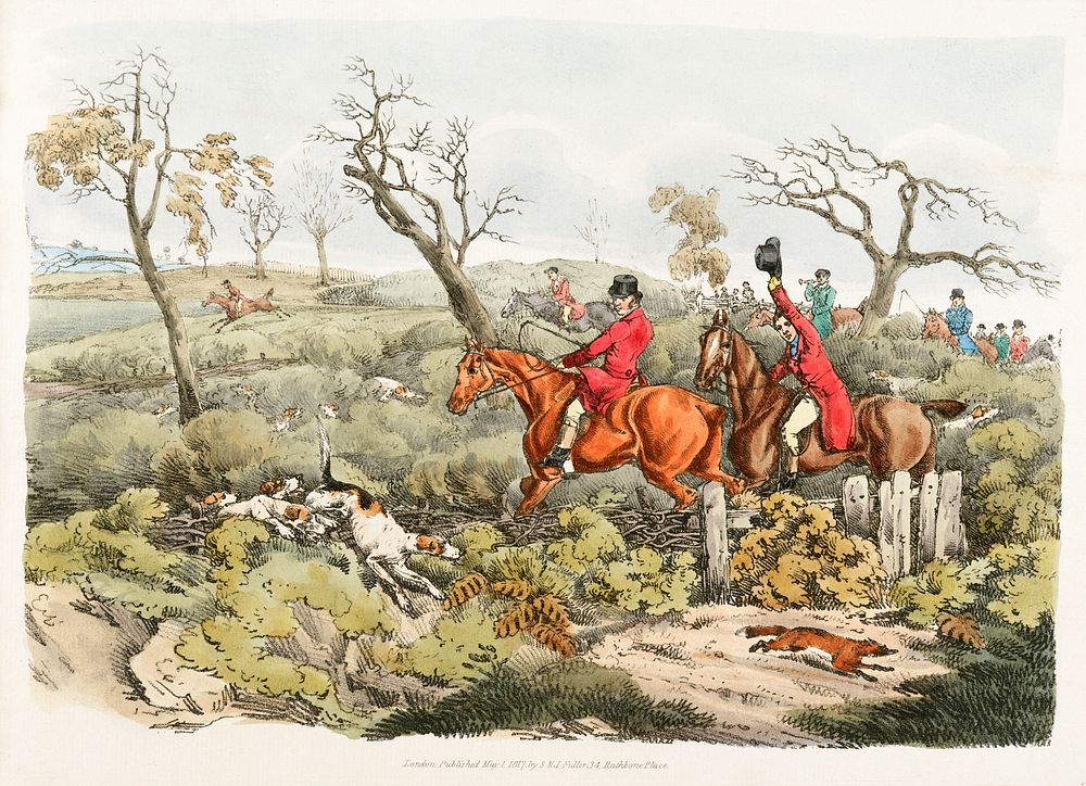 Illustration of fox hunting from Sporting Sketches (1817-1818) by Henry Alken (1784-1851). Original from The New York Public…