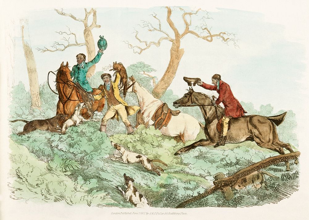 Illustration of successful fox hunting from Sporting Sketches (1817-1818) by Henry Alken (1784-1851). Original from The New…