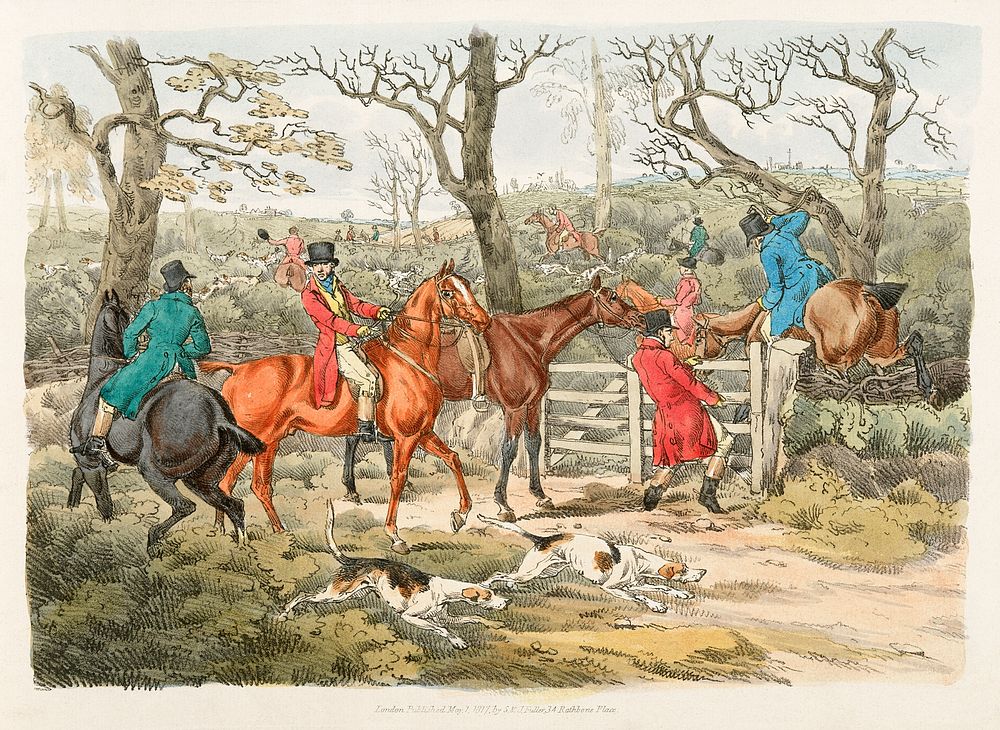 Illustration of sportsmen within an enclosure from Sporting Sketches (1817-1818) by Henry Alken (1784-1851). Original from…