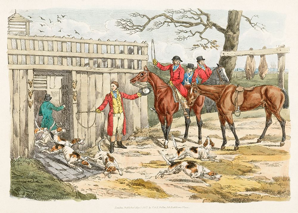 Illustration of releasing the dogs for hunting from Sporting Sketches (1817-1818) by Henry Alken (1784-1851). Original from…