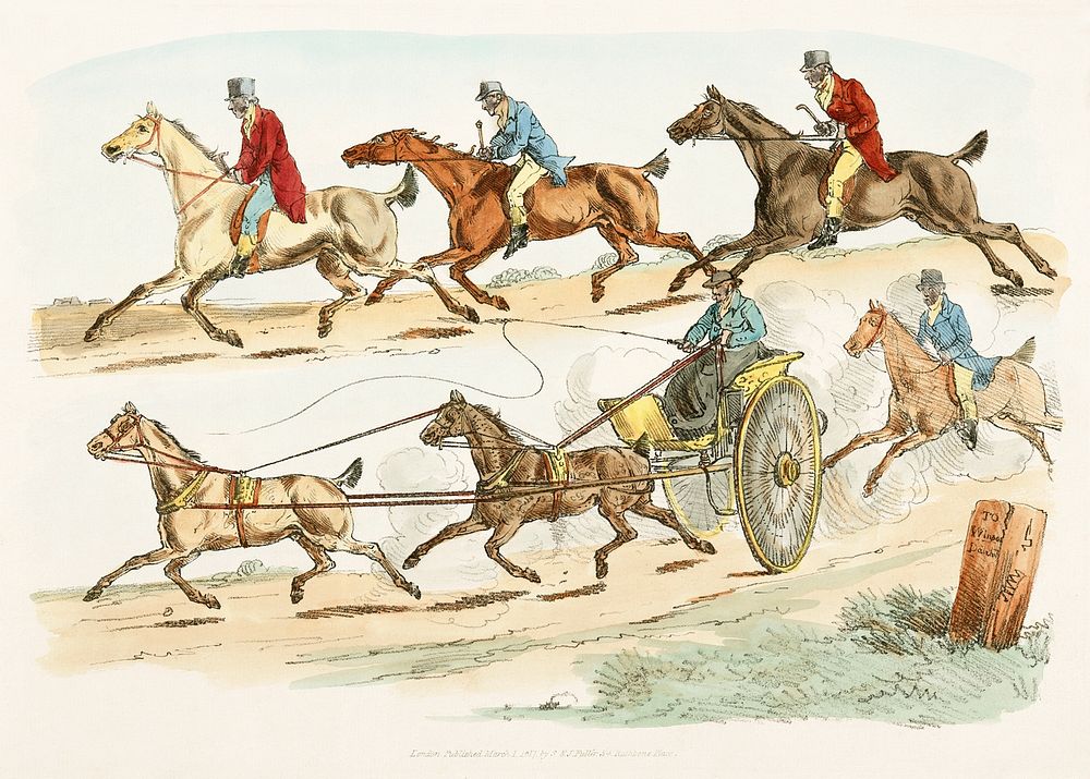 Illustration of a race with a carriage from Sporting Sketches (1817-1818) by Henry Alken (1784-1851). Original from The New…