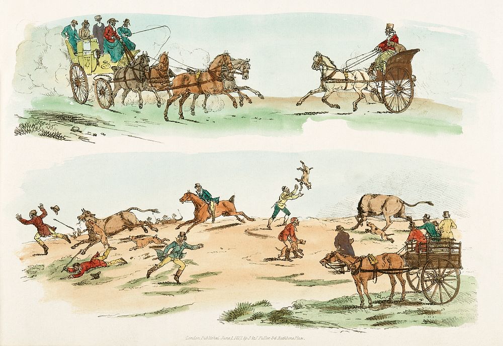 Illustration of chaos in the hunt from Sporting Sketches (1817-1818) by Henry Alken (1784-1851). Original from The New York…