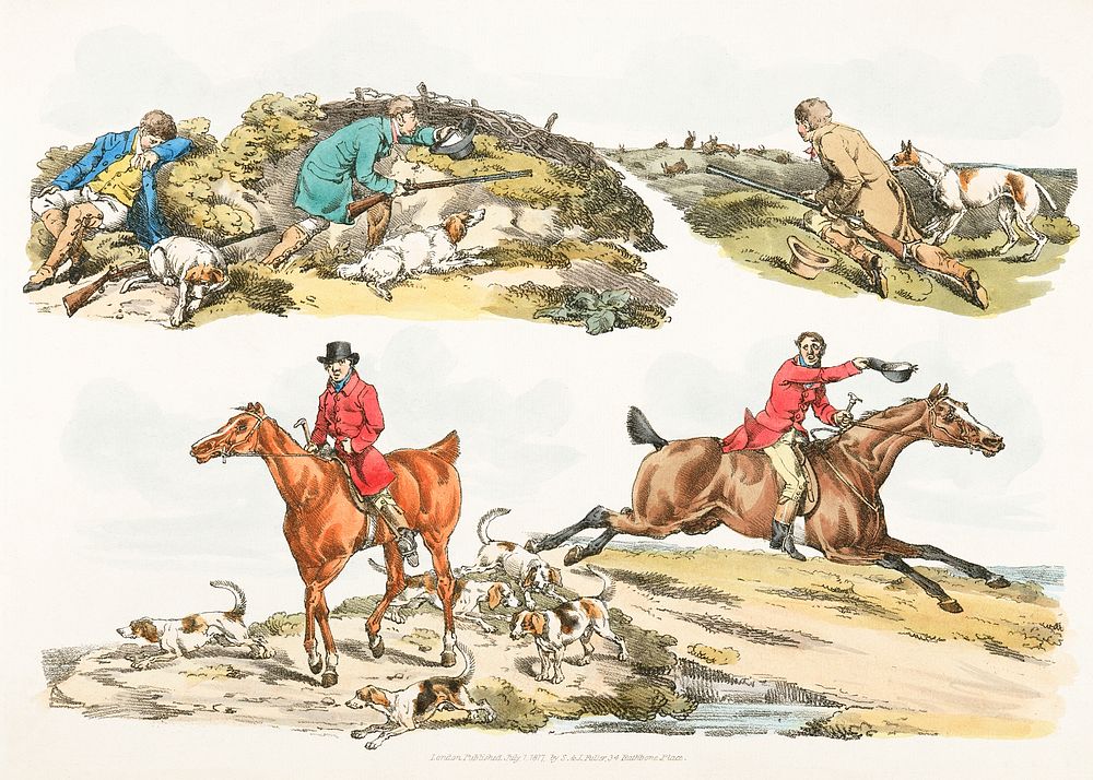 Illustration of hare hunting from Sporting Sketches (1817-1818) by Henry Alken (1784-1851). Original from The New York…