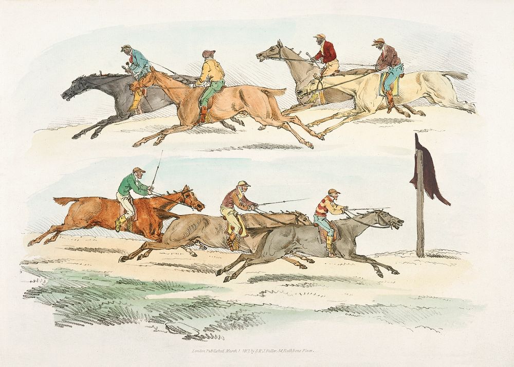 Illustration of horse race from Sporting Sketches (1817-1818) by Henry Alken (1784-1851). Original from The New York Public…