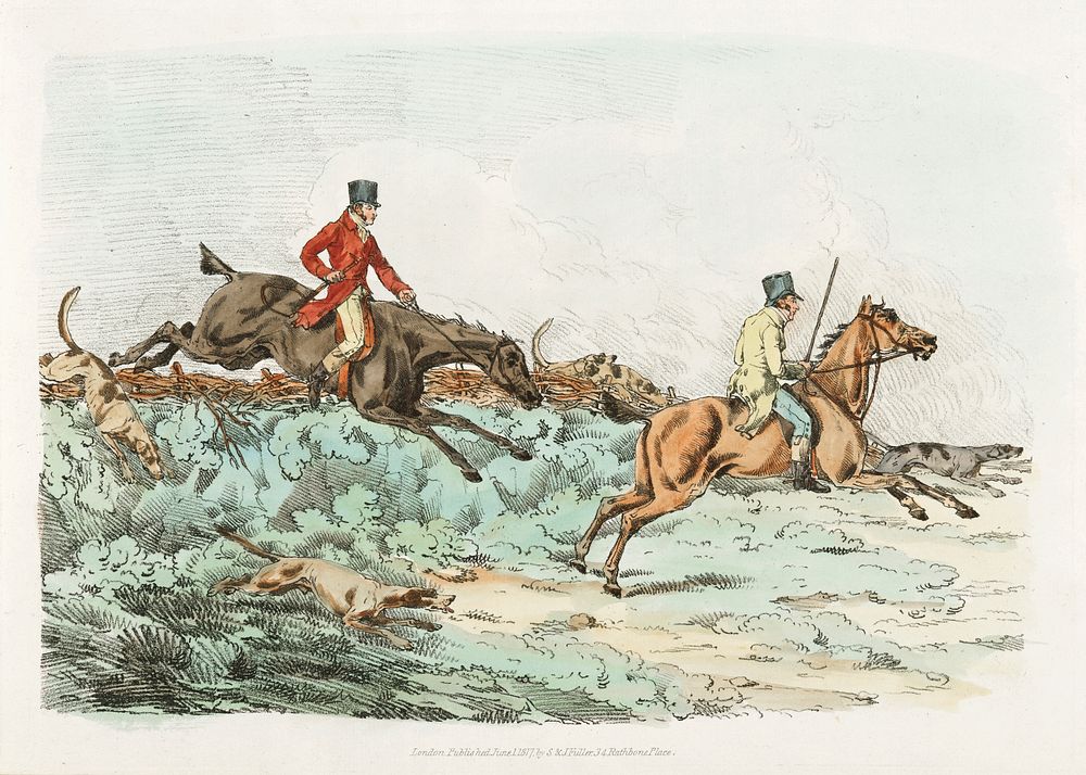Illustration of men clearing hurdle during a hunting from Sporting Sketches (1817-1818) by Henry Alken (1784-1851). Original…