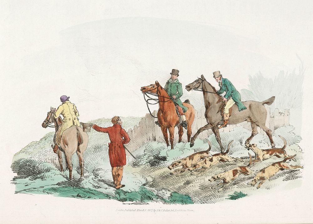Illustration of men riding towards hounds from Sporting Sketches (1817-1818) by Henry Alken (1784-1851). Original from The…