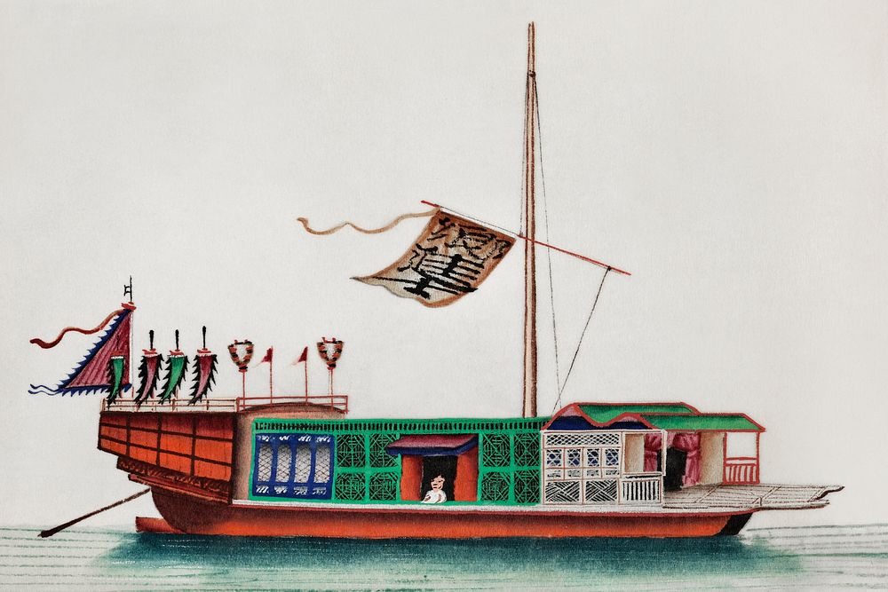 Chinese painting of a river passenger junk (ancient Chinese ship) (ca.1800&ndash;1899) from the Miriam and Ira D. Wallach…