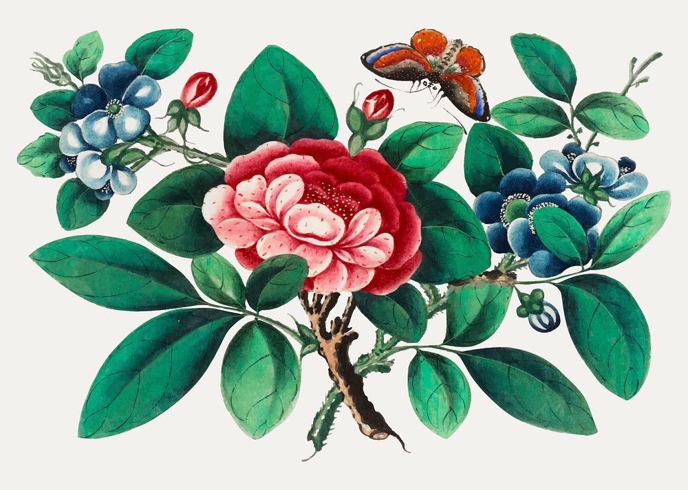 Chinese painting featuring flowers and butterfly.