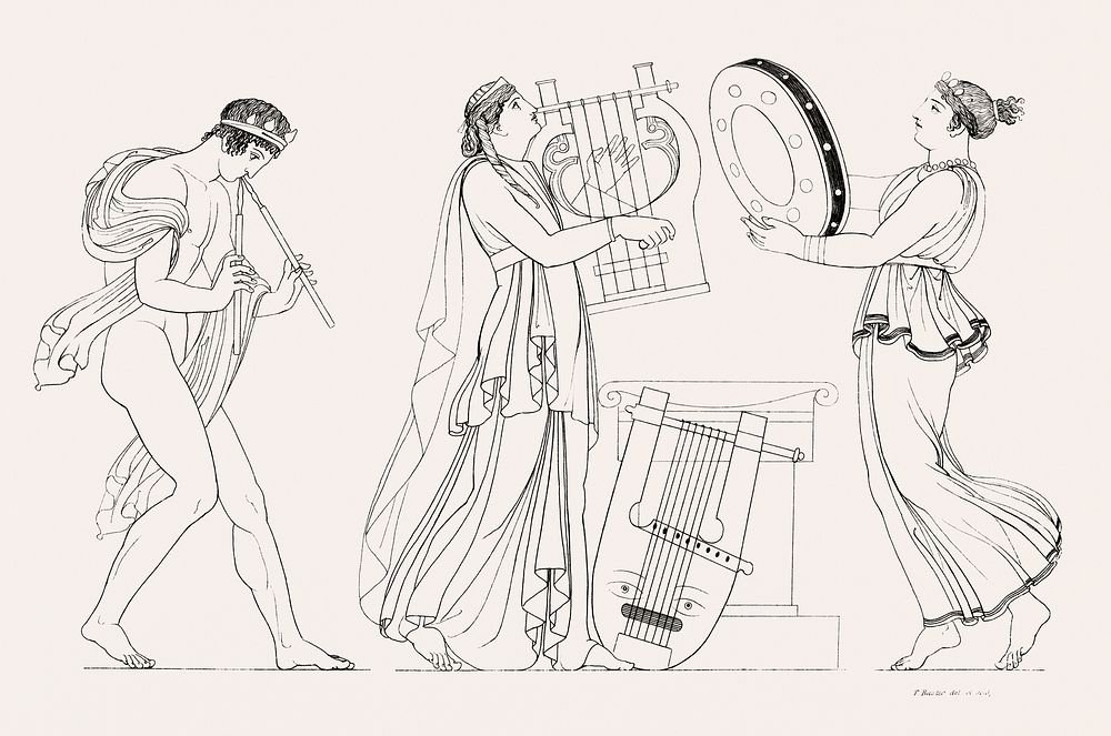 Grecian musical performers from An illustration of the Egyptian, Grecian and Roman costumes by Thomas Baxter…