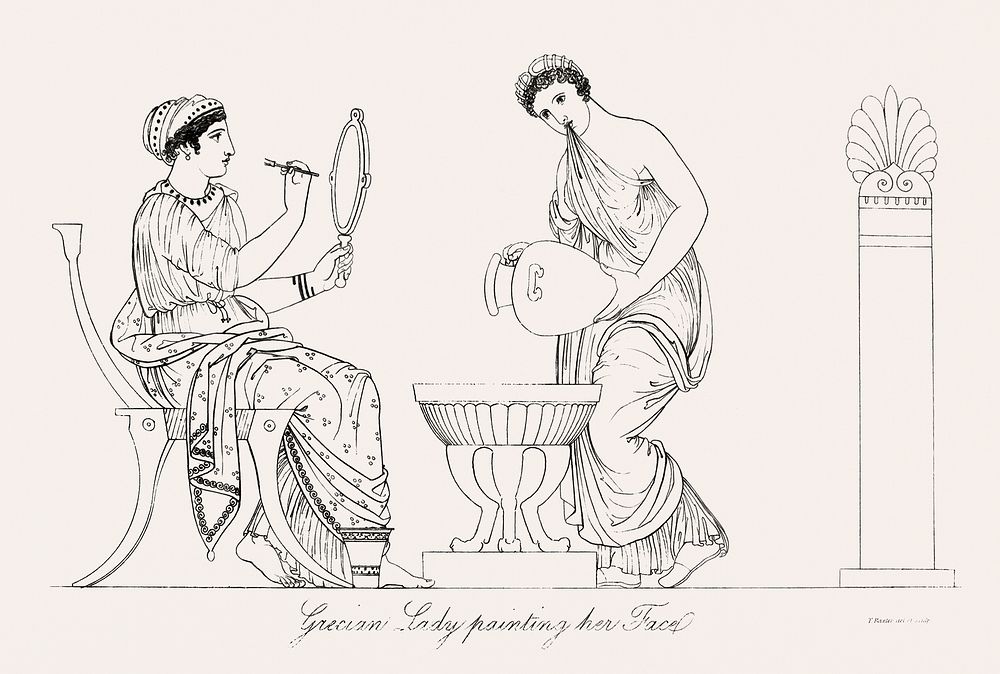 Grecian lady painting her face from An illustration of the Egyptian, Grecian and Roman costumes by Thomas Baxter…