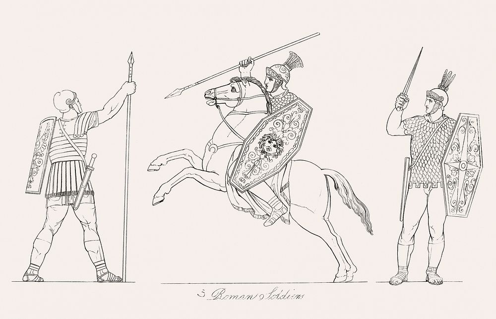 Roman soldiers from An illustration of the Egyptian, Grecian and Roman costumes by Thomas Baxter (1782&ndash;1821). Original…