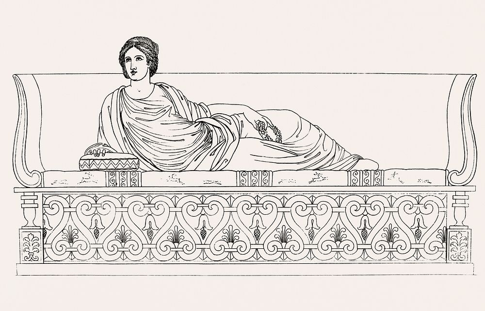 Roman lady on a couch from An illustration of the Egyptian, Grecian and Roman costumes by Thomas Baxter (1782&ndash;1821).…