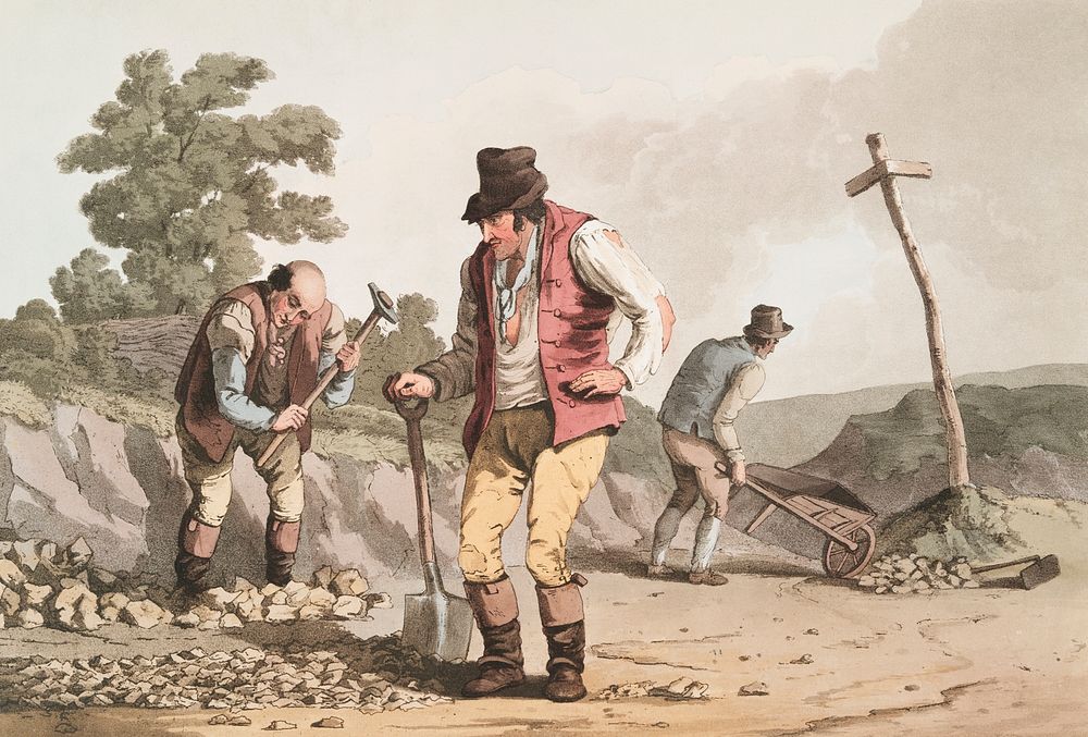 Illustration of stone breakers on the road from The Costume of Yorkshire (1814) by George Walker (1781-1856). Original from…