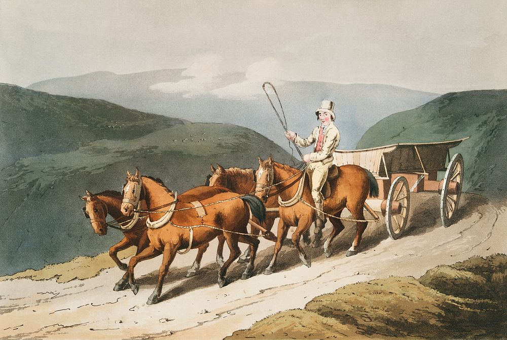 Illustration of the east riding or wolds waggon from The Costume of Yorkshire (1814) by George Walker (1781-1856). Original…