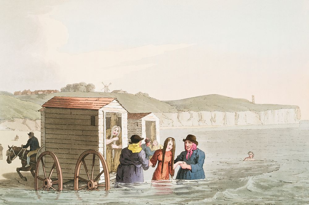 Illustration of sea bathing from The Costume of Yorkshire (1814) by George Walker (1781-1856). Original from The New York…