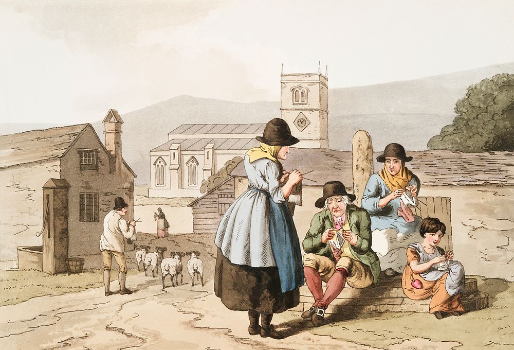 Illustration of Wensley Dale knitters from The Costume of Yorkshire (1814) by George Walker (1781-1856). Original from The…