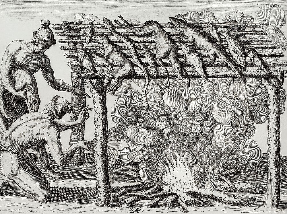 Method of smoking fish, game and other provisions illustration from Grand voyages (1596) by Theodor de Bry (1528-1598).…