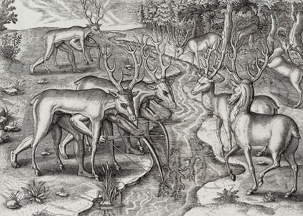 Deer hunting illustration from Grand voyages (1596) by Theodor de Bry (1528-1598). Original from The New York Public…