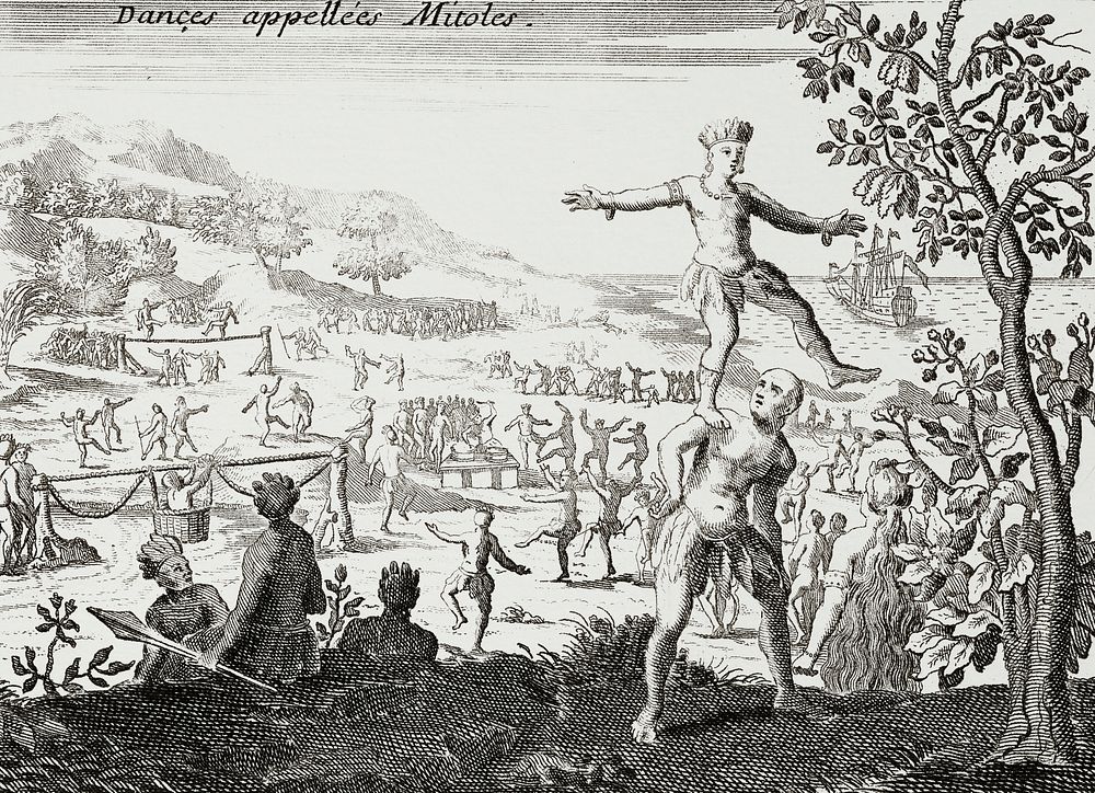 A men's dance illustration from Grand voyages (1596) by Theodor de Bry (1528-1598). Original from The New York Public…