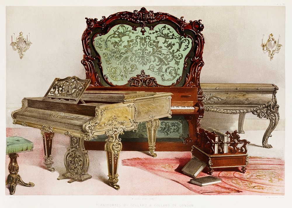 Pianofortes from the Industrial arts of the Nineteenth Century (1851-1853) by Sir Matthew Digby wyatt (1820-1877).