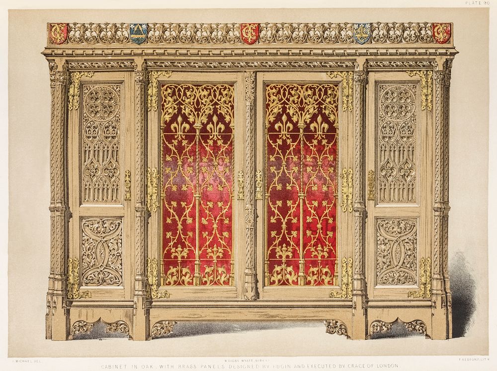 Cabinet in oak with brass panels from the Industrial arts of the Nineteenth Century (1851-1853) by Sir Matthew Digby wyatt…
