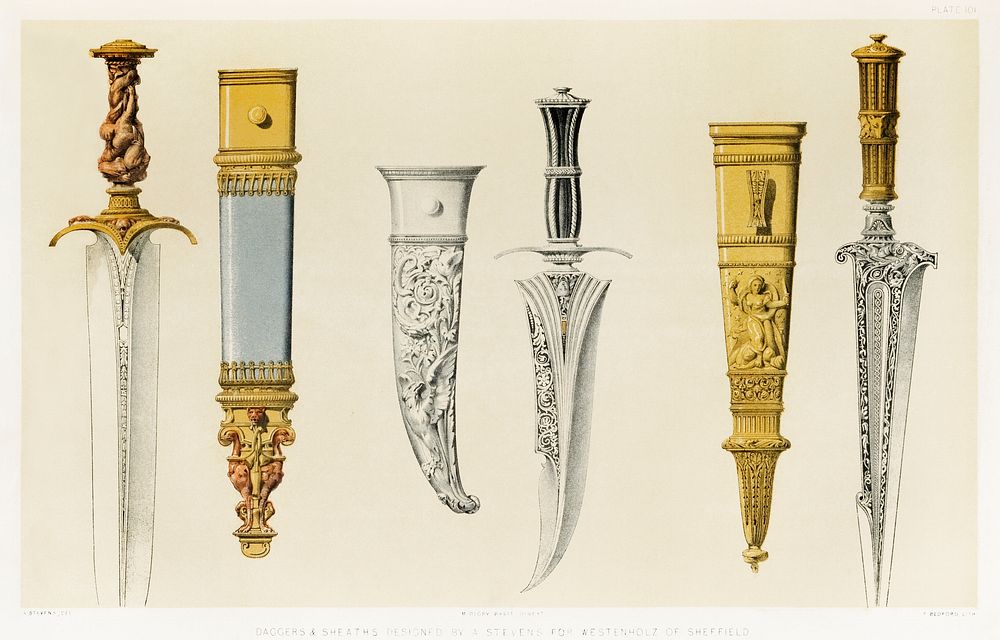 Daggers and sheaths from the Industrial arts of the Nineteenth Century (1851-1853) by Sir Matthew Digby wyatt (1820-1877).