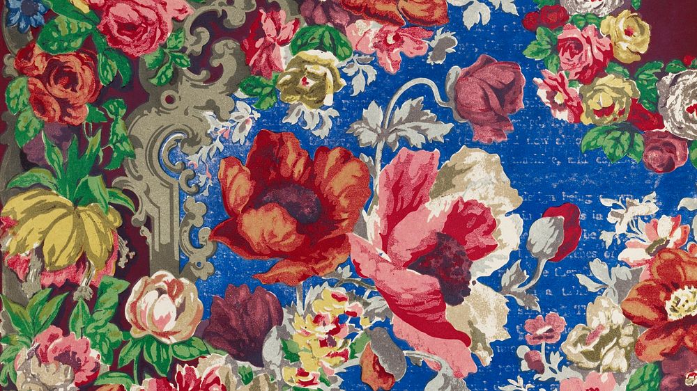Vintage flower desktop wallpaper, Block printed table cover background, remix from the artwork of Sir Matthew Digby wyatt
