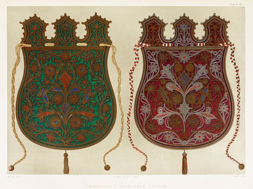 Embroidered bags from Greece from the Industrial arts of the Nineteenth Century (1851-1853) by Sir Matthew Digby wyatt (1820…