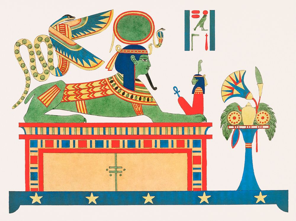 Sphinx of Ra or the Sun illustration from Pantheon Egyptien (1823-1825) by Leon Jean Joseph Dubois (1780-1846). Original…