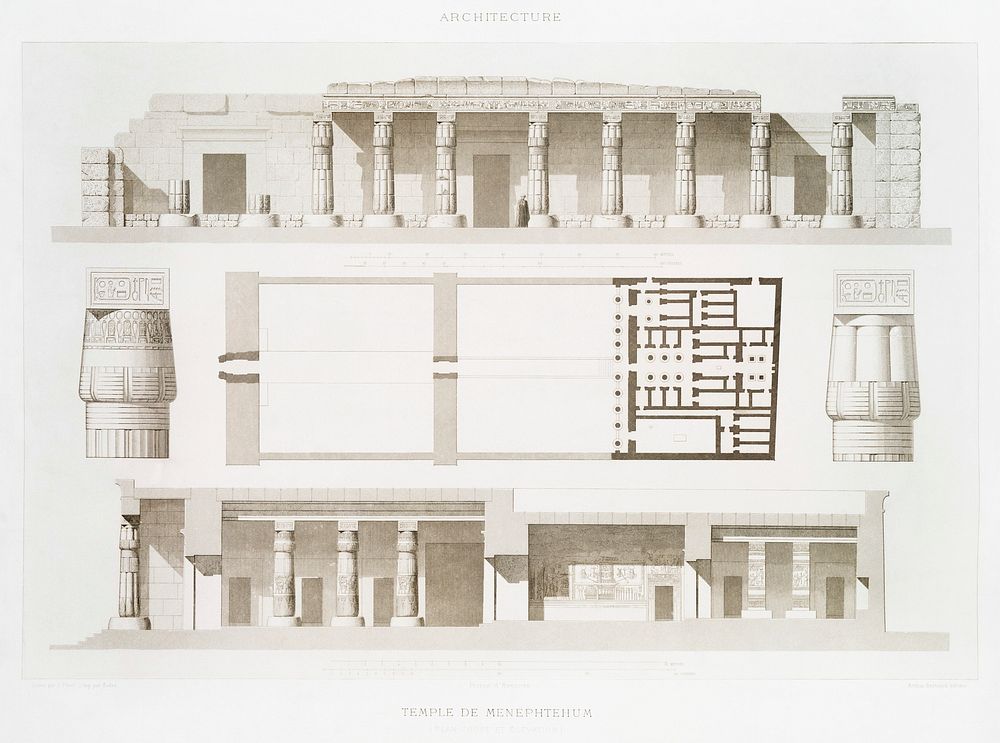 Menephtehum Temple (Plan, section and elevation) from Histoire de l'art &eacute;gyptien (1878) by &Eacute;mile Prisse…