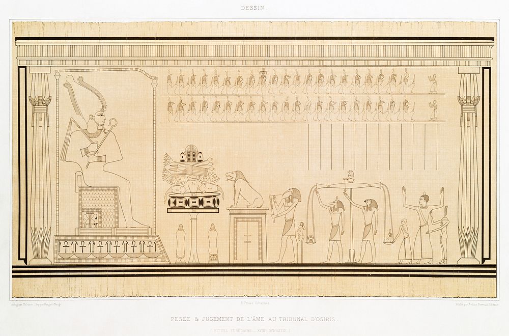Weighing and judgment of the soul in the court of Osiris from Histoire de l'art &eacute;gyptien (1878) by &Eacute;mile…