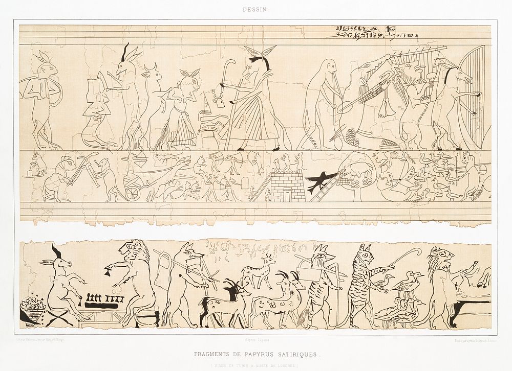 Fragments of satirical papyrus from Histoire de l'art &eacute;gyptien (1878) by &Eacute;mile Prisse d'Avennes. Original from…