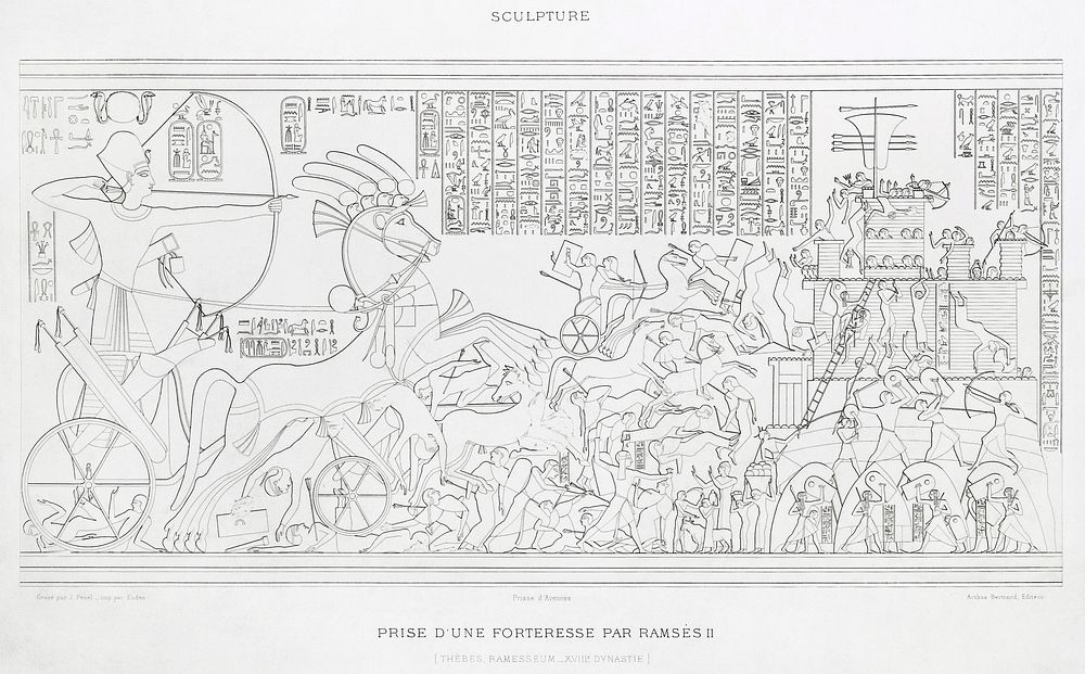 Capture of a fortress by Ramses II from Histoire de l'art &eacute;gyptien (1878) by &Eacute;mile Prisse d'Avennes. Original…