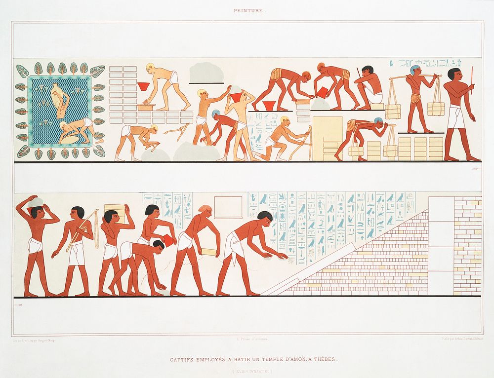 Captives workers build a temple of Amun, at Thebes from Histoire de l'art &eacute;gyptien (1878) by &Eacute;mile Prisse…
