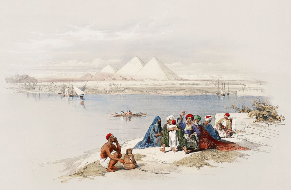 Pyramids of Gezeeh (Giza) from the Nile illustration by David Roberts (1796&ndash;1864). Original from The New York Public…
