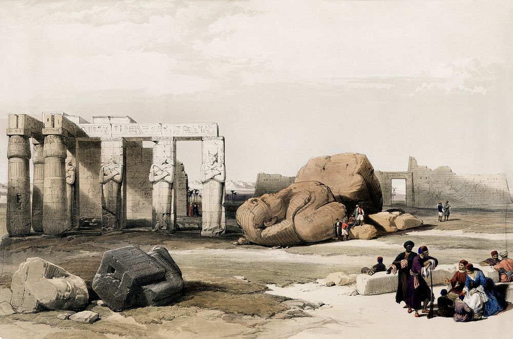Fragment of the Great Colossi at the Memnonium Thebes illustration by David Roberts (1796&ndash;1864). Original from The New…