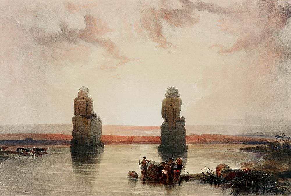 Statues of Memnon at Thebes during the inundation illustration by David Roberts (1796&ndash;1864). Original from The New…