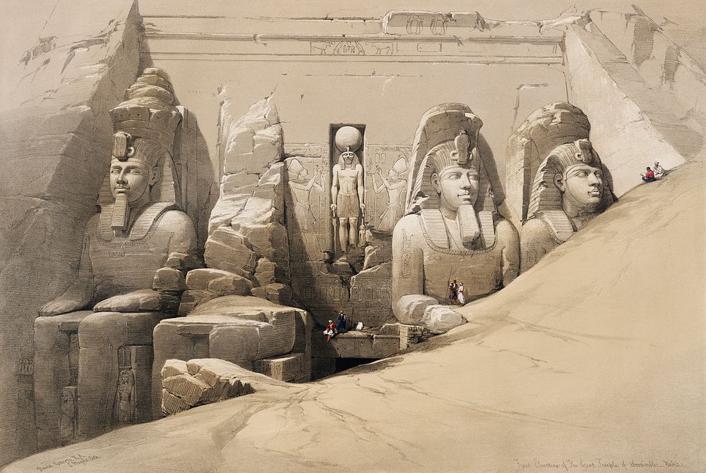 Front elevation of the Great Temple of Aboosimble Nubia illustration by David Roberts (1796&ndash;1864). Original from The…