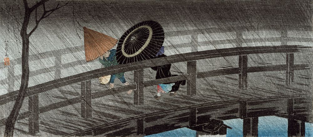 Rain on Izumi Bridge print in high resolution by Hiroaki Takahashi (1871&ndash;1945). Original from The Los Angeles County…