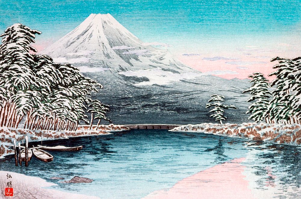 Mt. Fuji from Tagonoura, Snow Scene (1932) print in high resolution by Hiroaki Takahashi. Original from The Los Angeles…