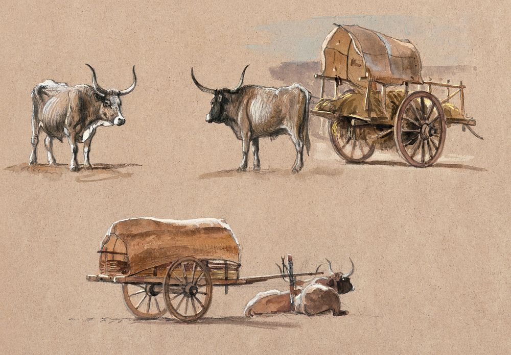 Oxcarts, Italy (January 1873) by Samuel Colman. Original from The Smithsonian Institution. Digitally enhanced by rawpixel.