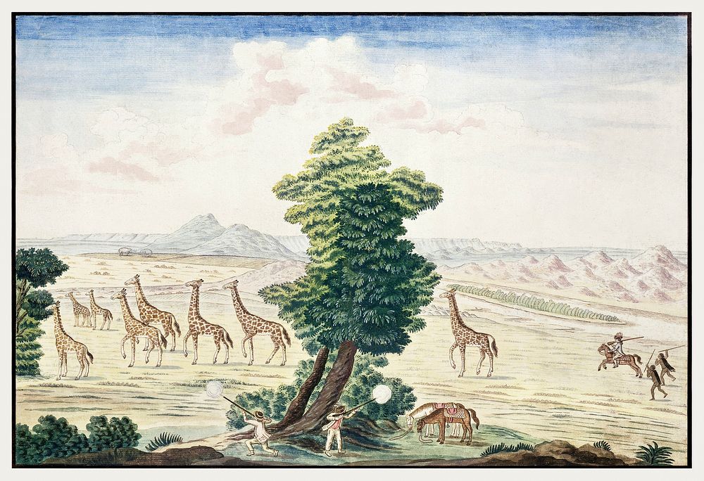 Giraffe-hunt near the Orange River in the vicinity of the Augrabies Falls on the Orange River (1778&ndash;1779) painting in…