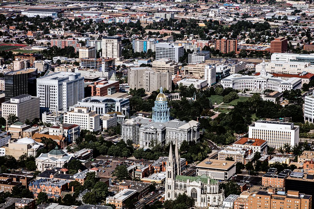Aerial view of Denver's Capitol region. Original image from Carol M. Highsmith&rsquo;s America, Library of Congress…