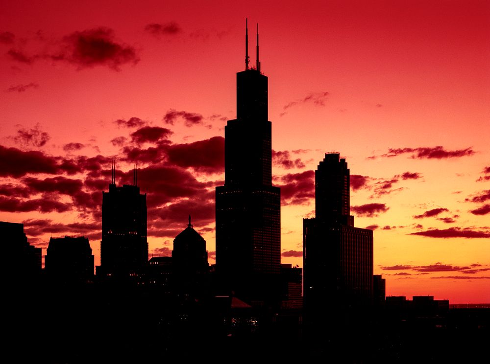 Chicago's skyline appears in silhouette at sunset. Original image from Carol M. Highsmith&rsquo;s America, Library of…